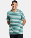 Super Combed Cotton Rich Striped Round Neck Half Sleeve T-Shirt - Ecru & Green Spruce-1