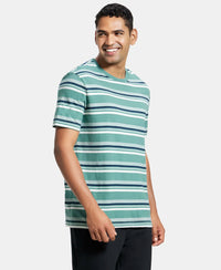 Super Combed Cotton Rich Striped Round Neck Half Sleeve T-Shirt - Ecru & Green Spruce-2