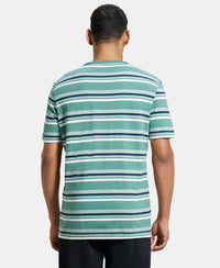 Super Combed Cotton Rich Striped Round Neck Half Sleeve T-Shirt - Ecru & Green Spruce-3