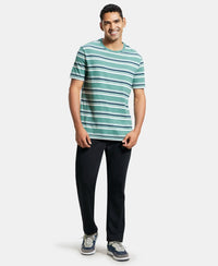 Super Combed Cotton Rich Striped Round Neck Half Sleeve T-Shirt - Ecru & Green Spruce-4