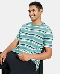 Super Combed Cotton Rich Striped Round Neck Half Sleeve T-Shirt - Ecru & Green Spruce-5