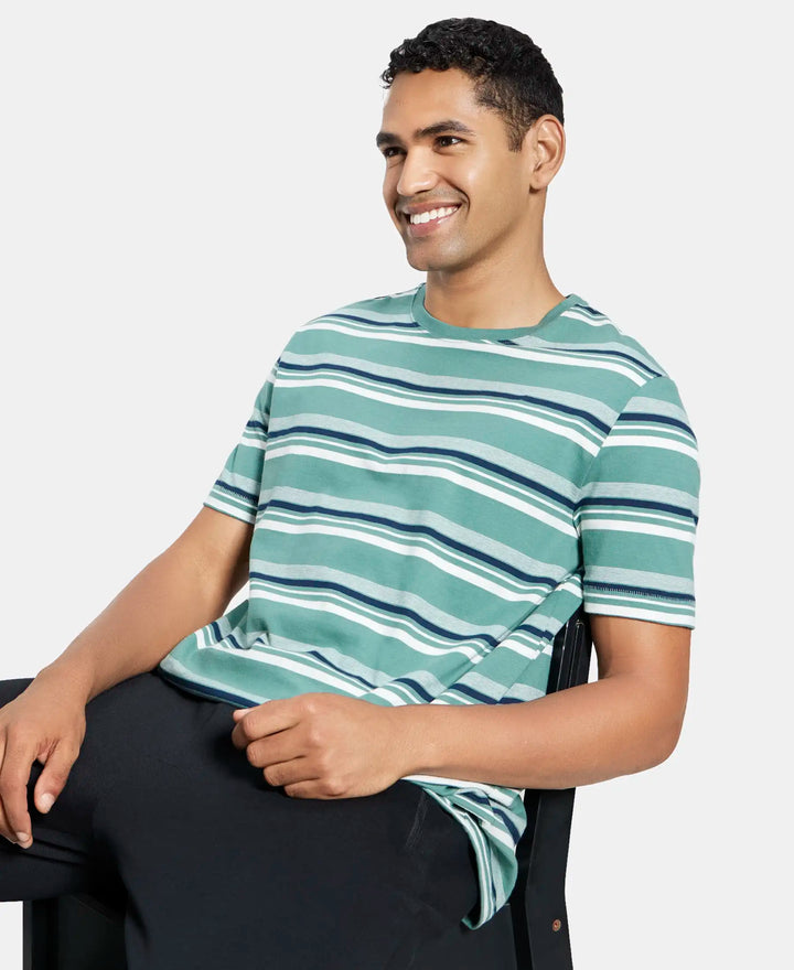 Super Combed Cotton Rich Striped Round Neck Half Sleeve T-Shirt - Ecru & Green Spruce-5