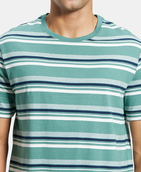 Super Combed Cotton Rich Striped Round Neck Half Sleeve T-Shirt - Ecru & Green Spruce-6