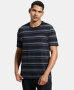 Super Combed Cotton Rich Striped Round Neck Half Sleeve T-Shirt - Mid Grey Melange & Black-1