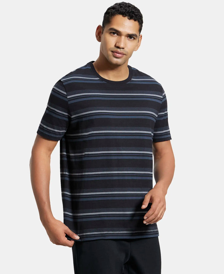 Super Combed Cotton Rich Striped Round Neck Half Sleeve T-Shirt - Mid Grey Melange & Black-2