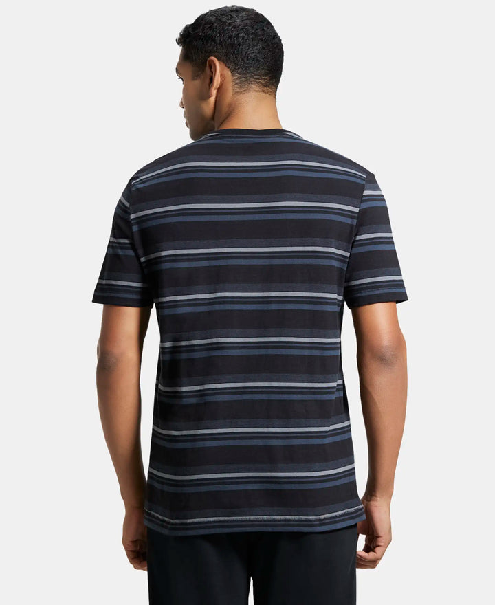 Super Combed Cotton Rich Striped Round Neck Half Sleeve T-Shirt - Mid Grey Melange & Black-3