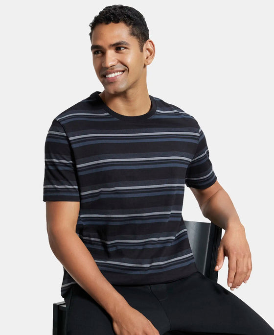 Super Combed Cotton Rich Striped Round Neck Half Sleeve T-Shirt - Mid Grey Melange & Black-5