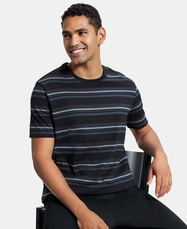 Super Combed Cotton Rich Striped Round Neck Half Sleeve T-Shirt - Mid Grey Melange & Black-5