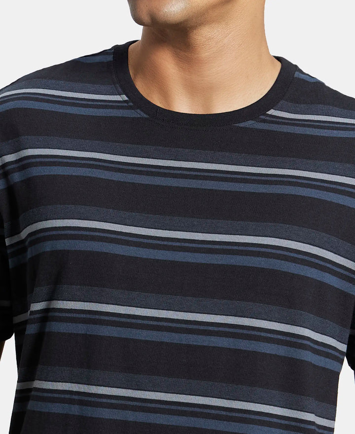 Super Combed Cotton Rich Striped Round Neck Half Sleeve T-Shirt - Mid Grey Melange & Black-6