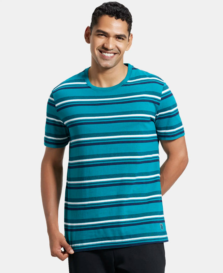 Super Combed Cotton Rich Striped Round Neck Half Sleeve T-Shirt - Kayaking - Navy - White-1