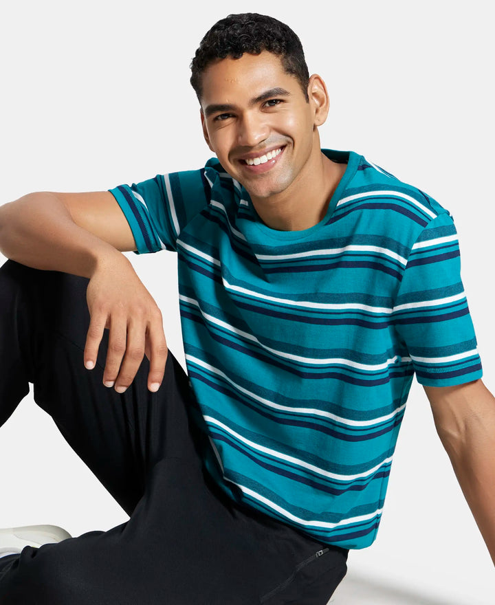 Super Combed Cotton Rich Striped Round Neck Half Sleeve T-Shirt - Kayaking - Navy - White-5