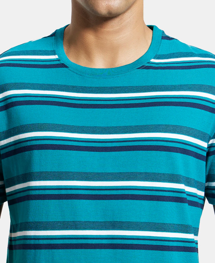 Super Combed Cotton Rich Striped Round Neck Half Sleeve T-Shirt - Kayaking - Navy - White-6