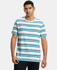 Super Combed Cotton Rich Striped Round Neck Half Sleeve T-Shirt - White & Navy Melange-1