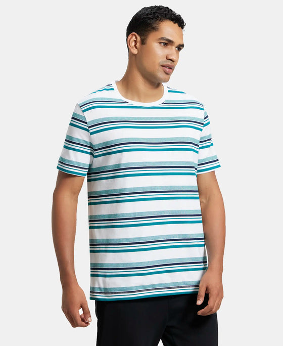 Super Combed Cotton Rich Striped Round Neck Half Sleeve T-Shirt - White & Navy Melange-2