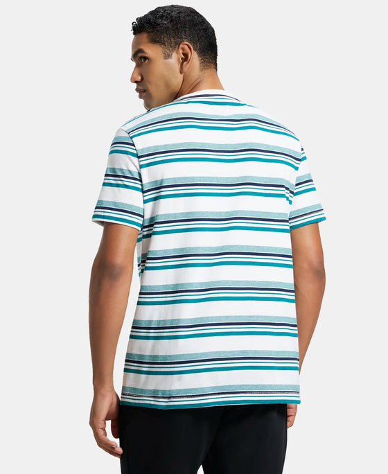 Super Combed Cotton Rich Striped Round Neck Half Sleeve T-Shirt - White & Navy Melange-3