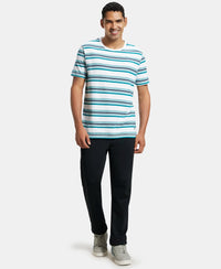 Super Combed Cotton Rich Striped Round Neck Half Sleeve T-Shirt - White & Navy Melange-4