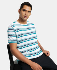Super Combed Cotton Rich Striped Round Neck Half Sleeve T-Shirt - White & Navy Melange-5