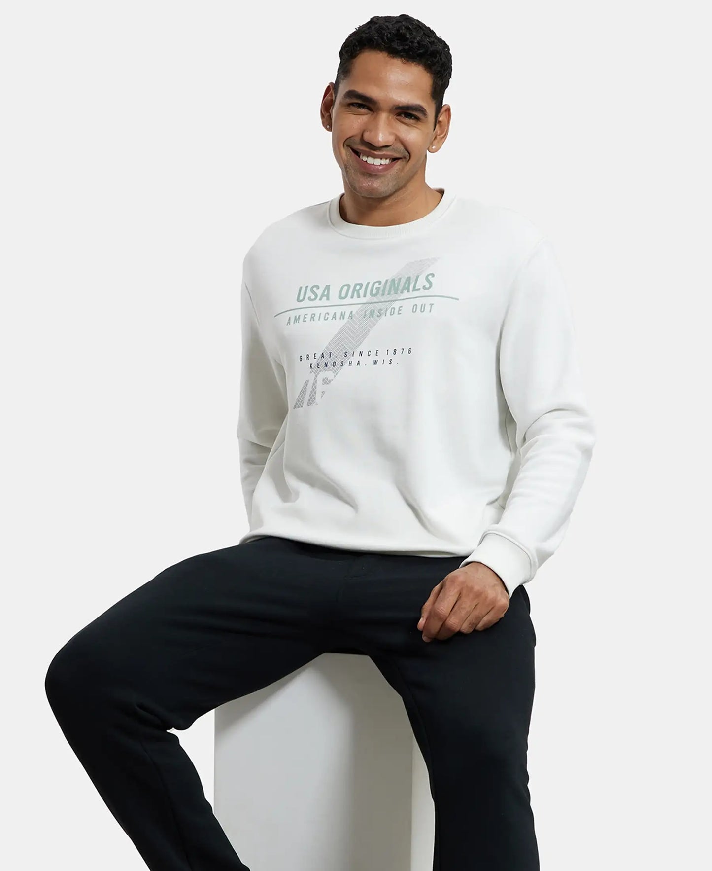 Super Combed Cotton Rich French Terry Printed Sweatshirt with Ribbed Cuffs - Blanc de Blanc-5