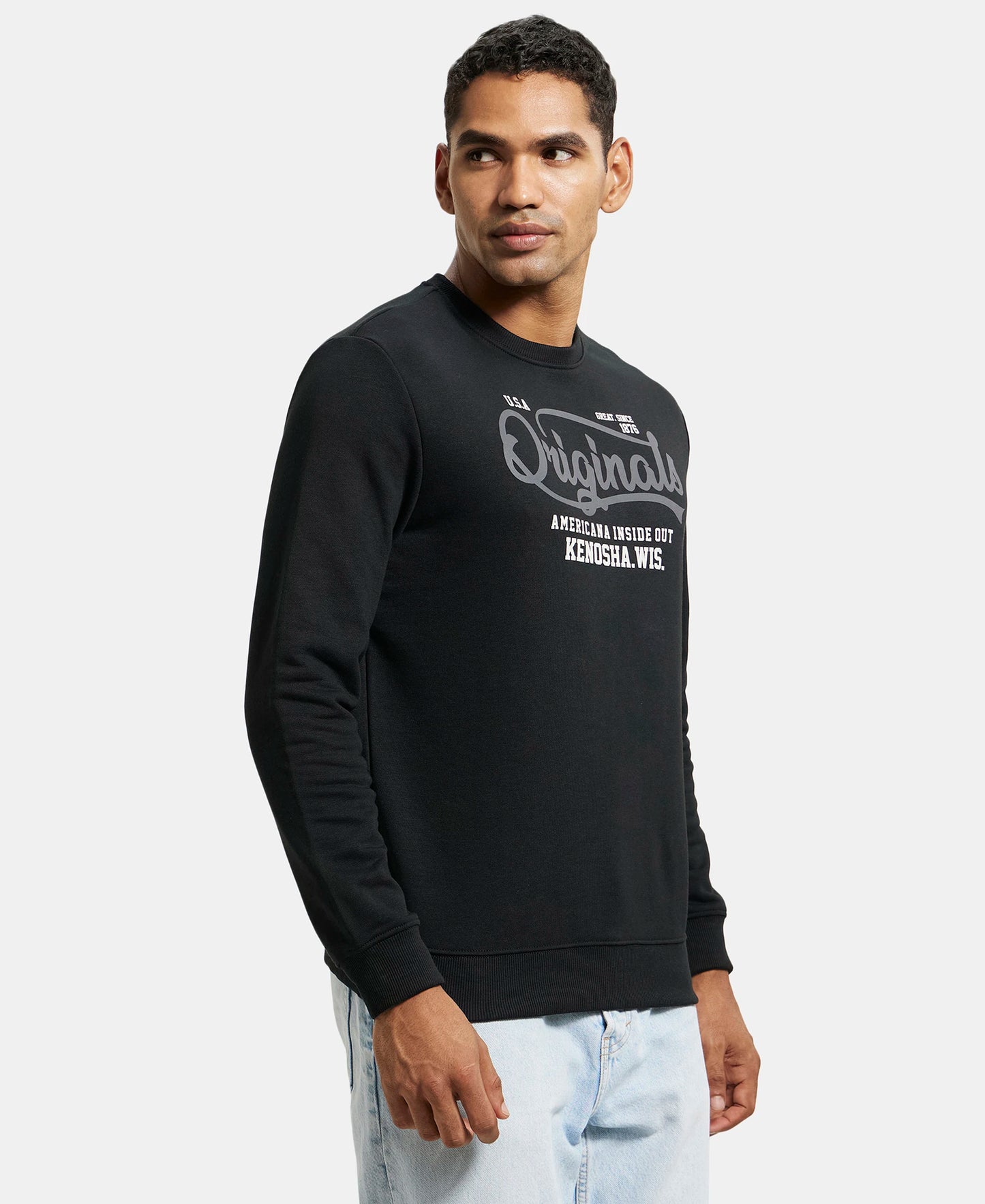 Super Combed Cotton Rich French Terry Printed Sweatshirt with Ribbed Cuffs - Black-2