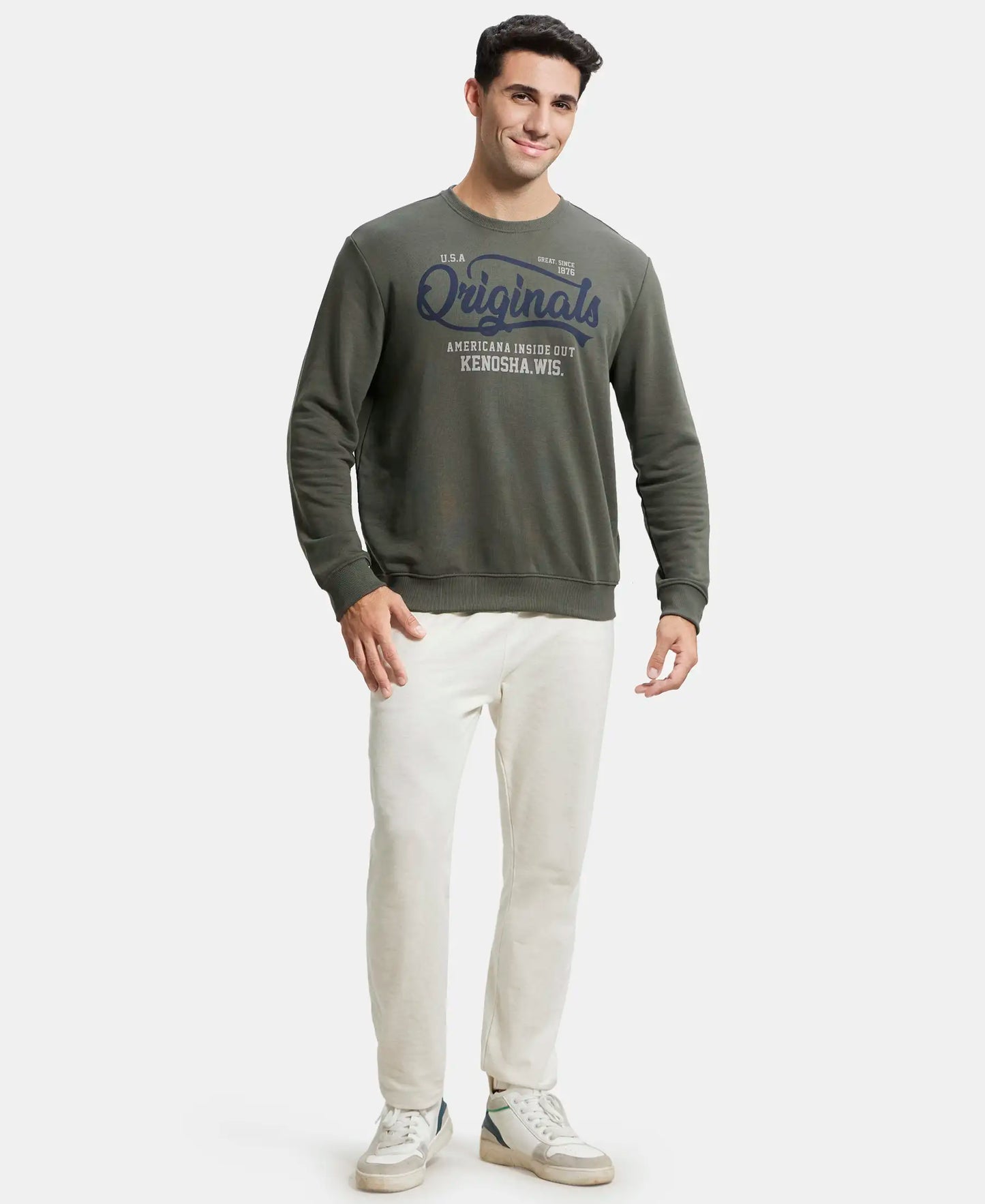 Super Combed Cotton Rich French Terry Printed Sweatshirt with Ribbed Cuffs - Deep Olive-4