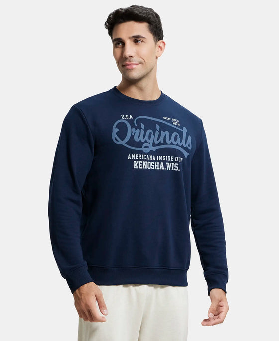 Super Combed Cotton Rich French Terry Printed Sweatshirt with Ribbed Cuffs - Navy-2