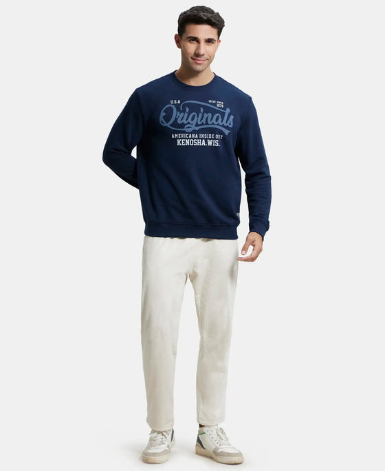 Super Combed Cotton Rich French Terry Printed Sweatshirt with Ribbed Cuffs - Navy-4