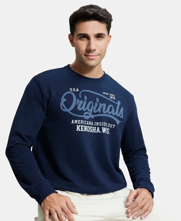 Super Combed Cotton Rich French Terry Printed Sweatshirt with Ribbed Cuffs - Navy-5