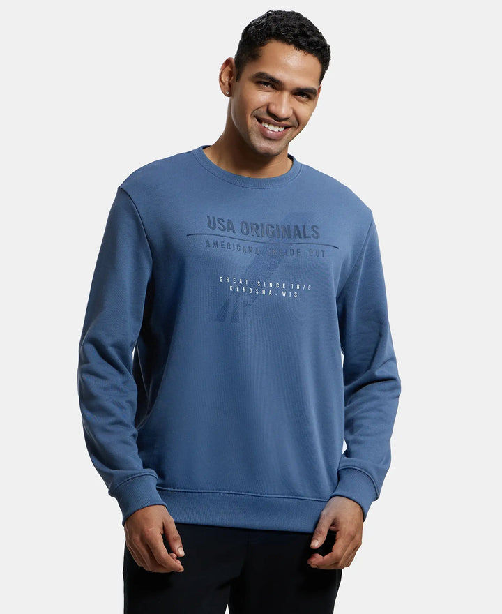 Super Combed Cotton Rich French Terry Printed Sweatshirt with Ribbed Cuffs - Vintage Indigo-2
