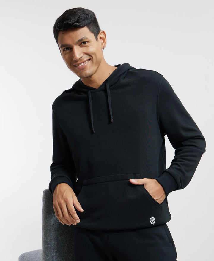 Super Combed Cotton Rich French Terry Hoodie Sweatshirt with Ribbed Cuffs - Black-5