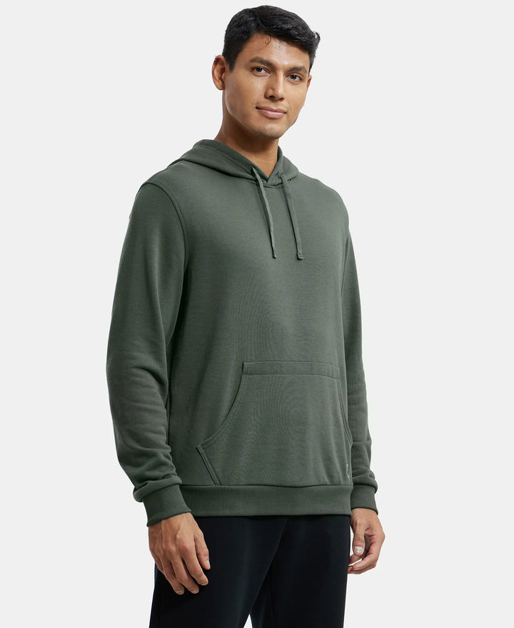 Super Combed Cotton Rich French Terry Hoodie Sweatshirt with Ribbed Cuffs - Deep Olive-2