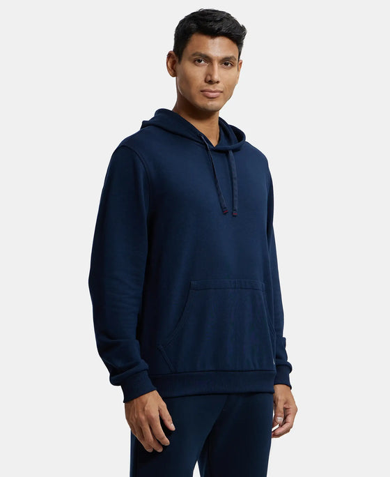 Super Combed Cotton Rich French Terry Hoodie Sweatshirt with Ribbed Cuffs - Navy-2