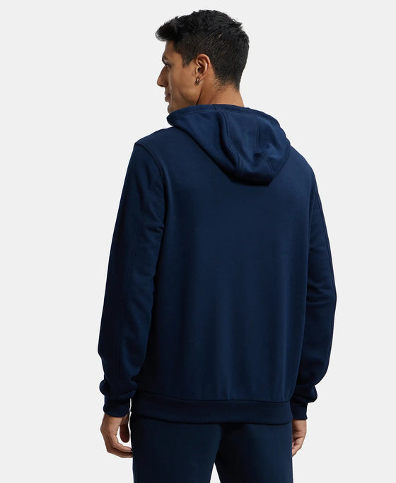 Super Combed Cotton Rich French Terry Hoodie Sweatshirt with Ribbed Cuffs - Navy-3