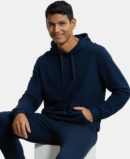 Super Combed Cotton Rich French Terry Hoodie Sweatshirt with Ribbed Cuffs - Navy-5