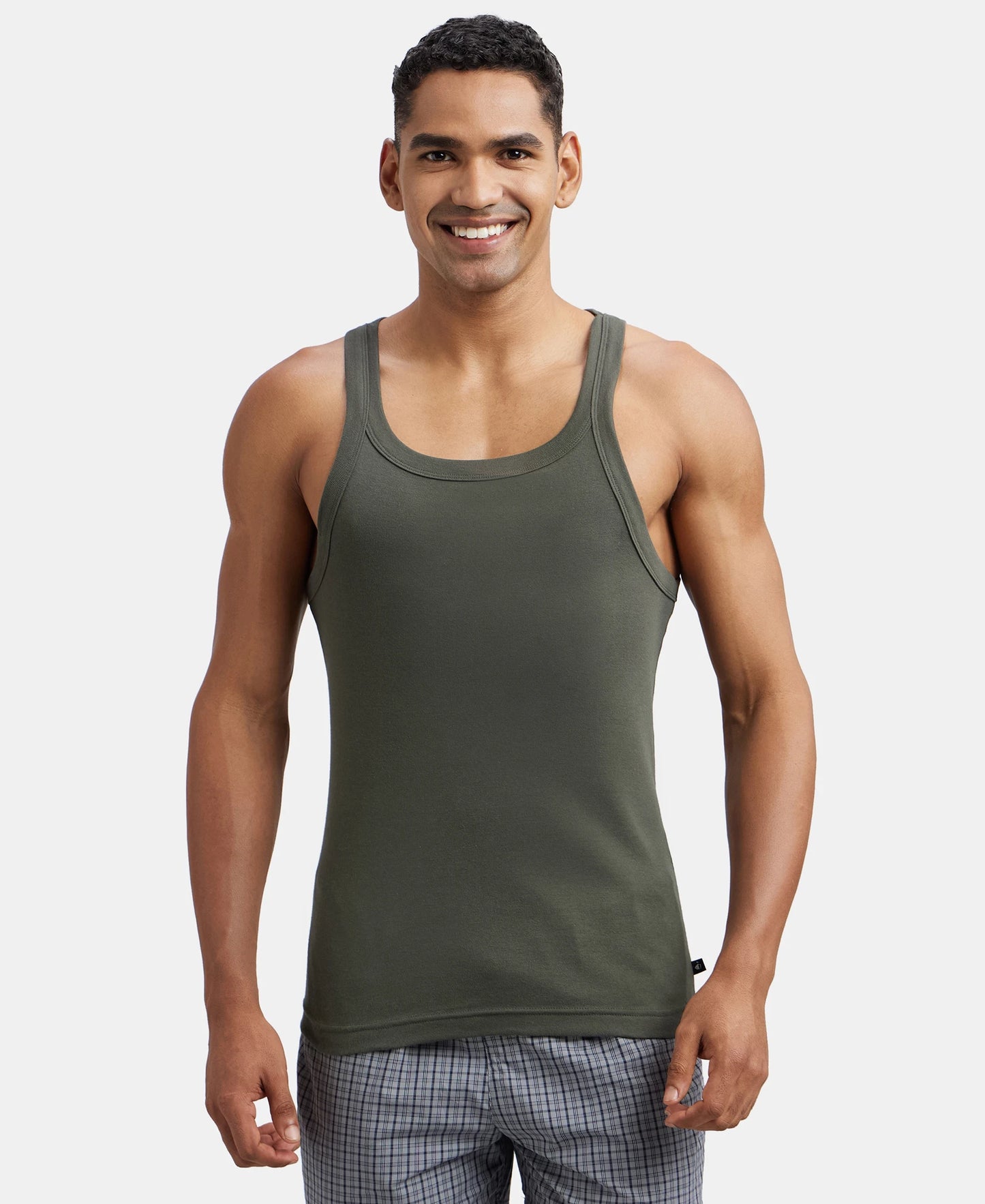 Super Combed Cotton Rib Square Neck Gym Vest - Deep Olive-1