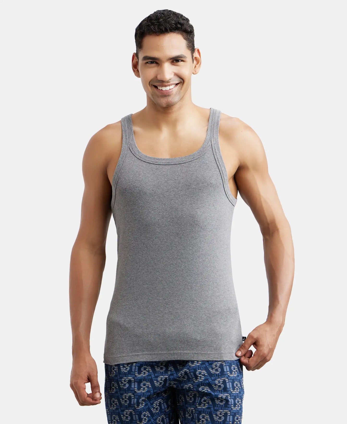 Super Combed Cotton Rib Square Neck Gym Vest - Mid Grey Melange-2