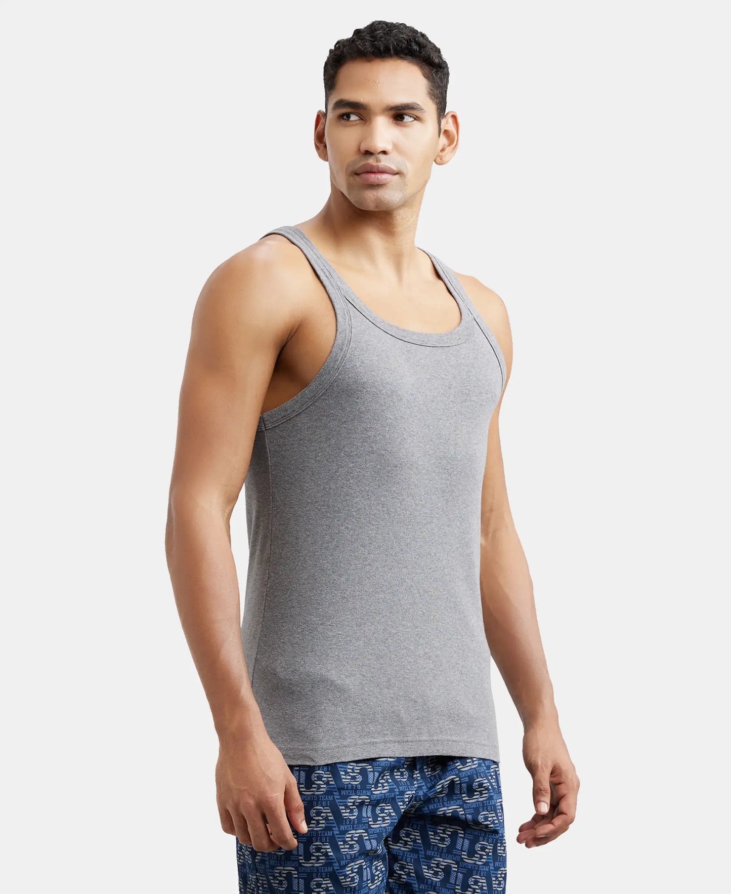 Super Combed Cotton Rib Square Neck Gym Vest - Mid Grey Melange-3