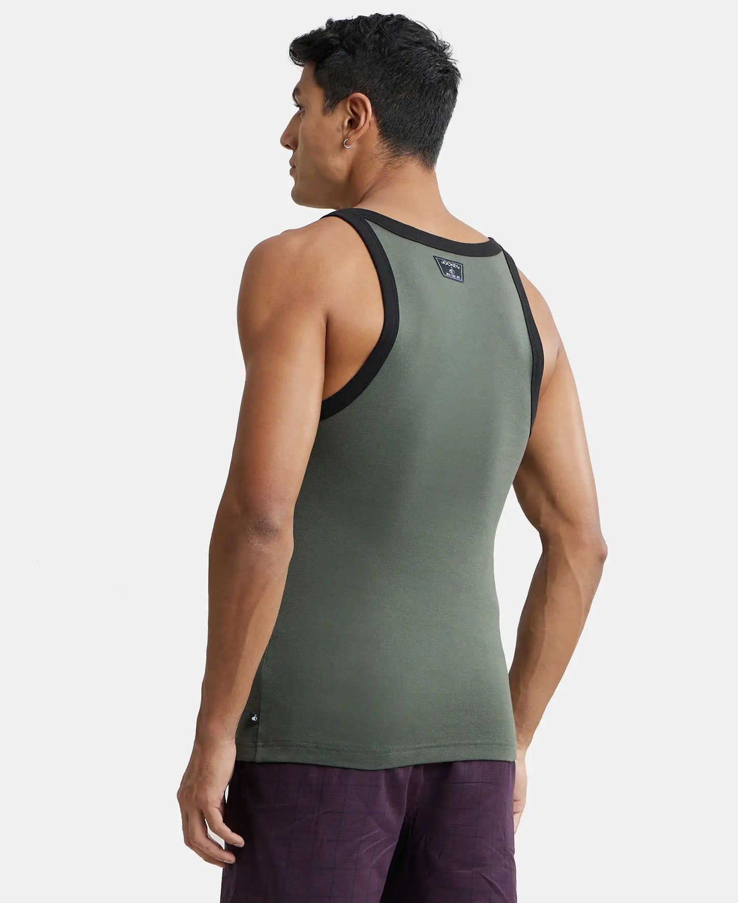 Super Combed Cotton Rib Square Neck Gym Vest - Deep Olive with Assorted Bias-3