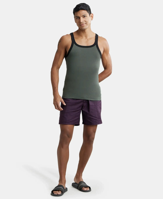 Super Combed Cotton Rib Square Neck Gym Vest - Deep Olive with Assorted Bias-4