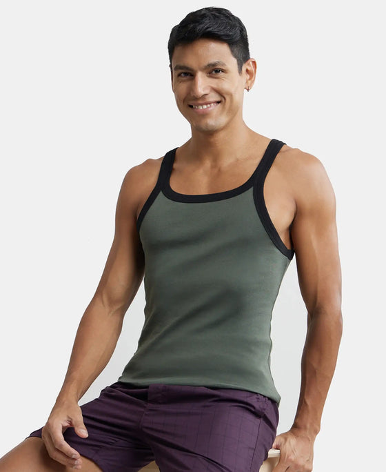 Super Combed Cotton Rib Square Neck Gym Vest - Deep Olive with Assorted Bias-5