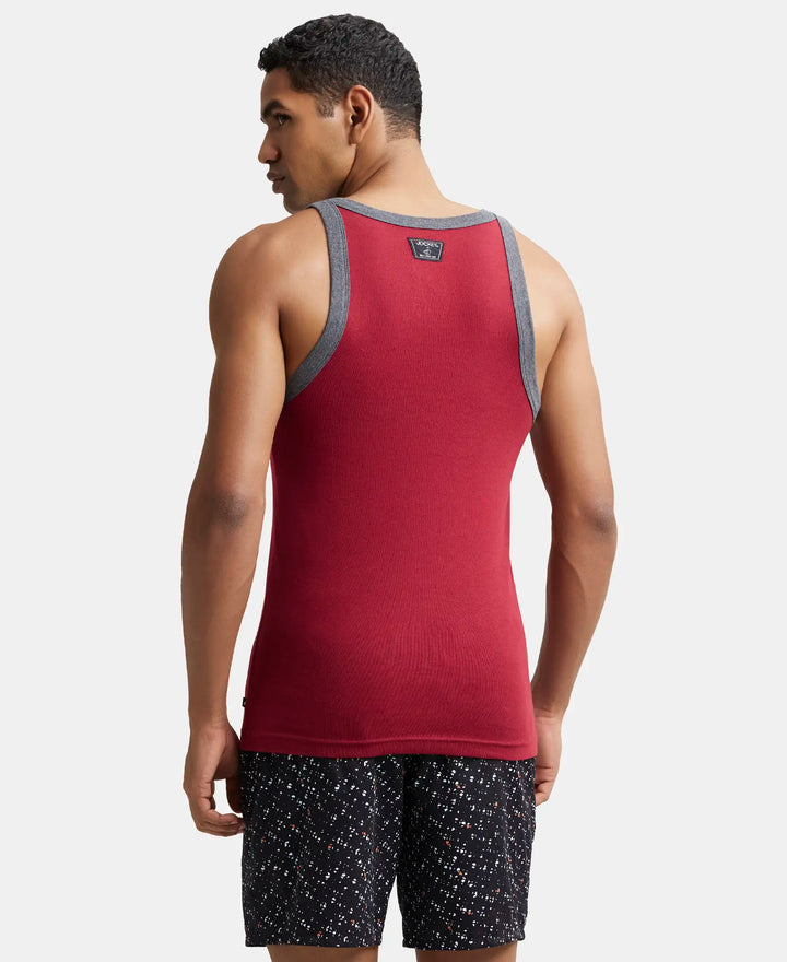 Super Combed Cotton Rib Square Neck Gym Vest - Red Pepper with Assorted Bias-3
