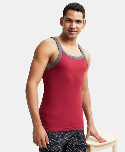 Super Combed Cotton Rib Square Neck Gym Vest - Red Pepper with Assorted Bias-5