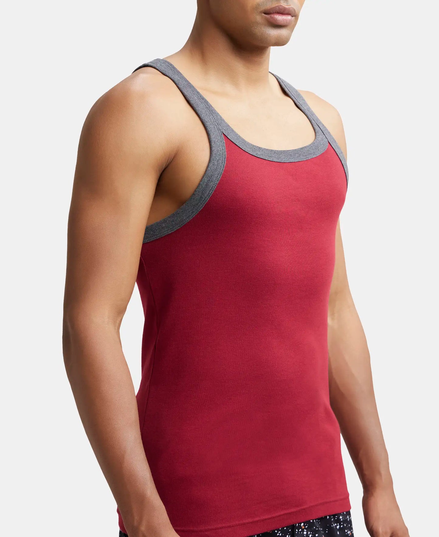 Super Combed Cotton Rib Square Neck Gym Vest - Red Pepper with Assorted Bias-6