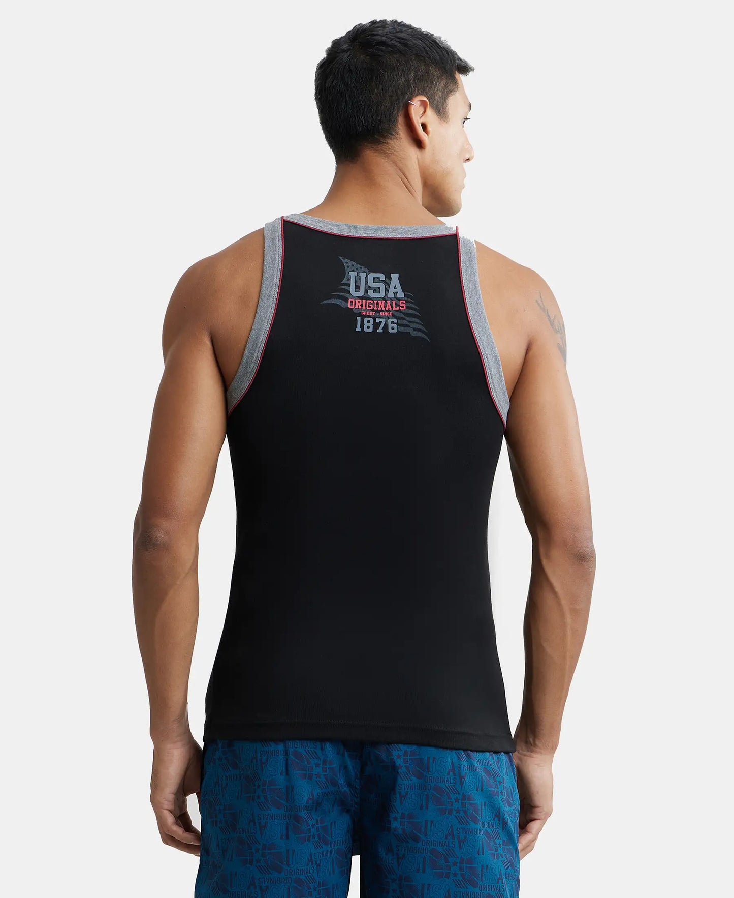 Super Combed Cotton Rib Square Neck Gym Vest with Graphic Print - Black & Grey Melange-3