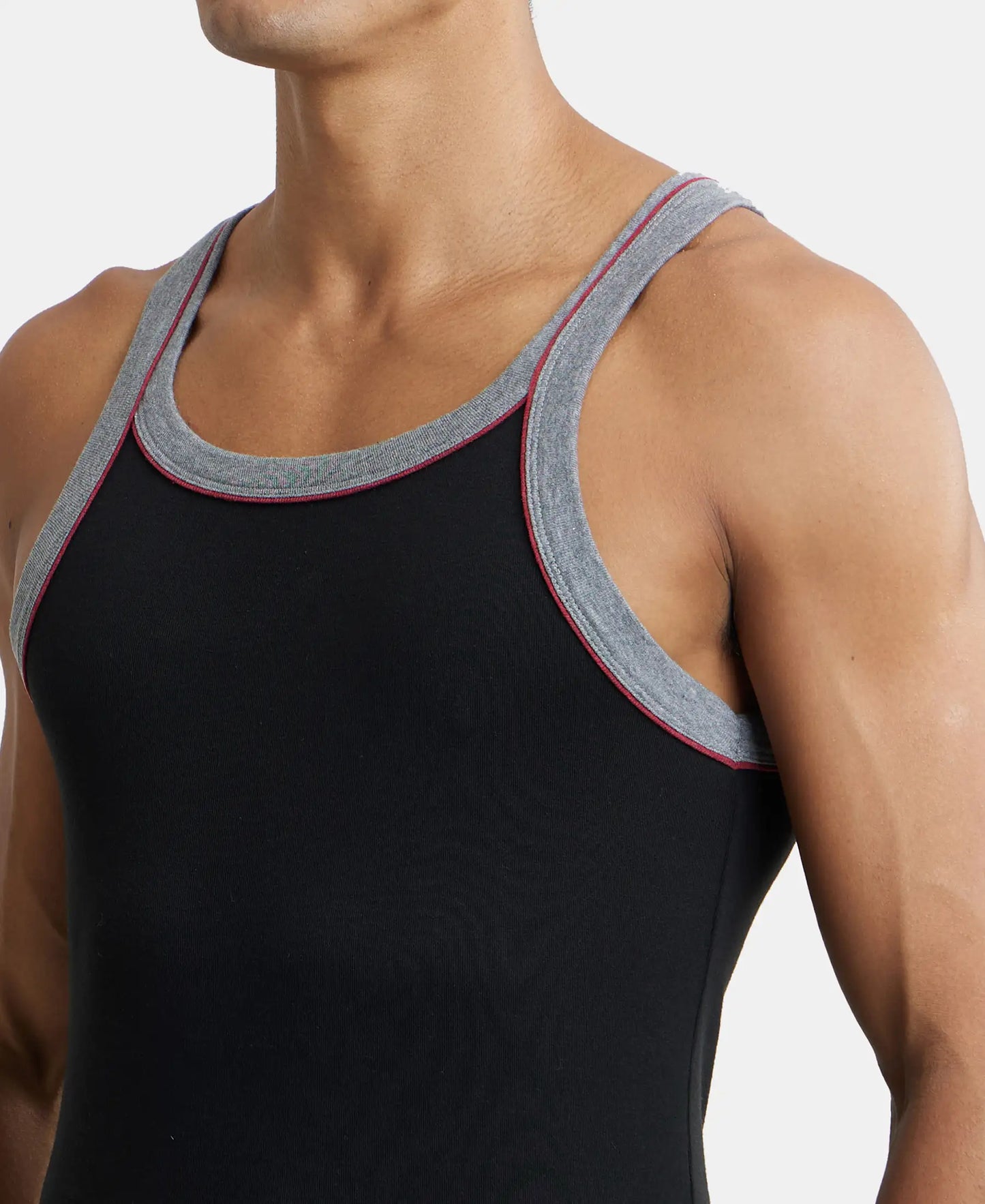 Super Combed Cotton Rib Square Neck Gym Vest with Graphic Print - Black & Grey Melange-6