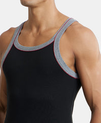 Super Combed Cotton Rib Square Neck Gym Vest with Graphic Print - Black & Grey Melange-6