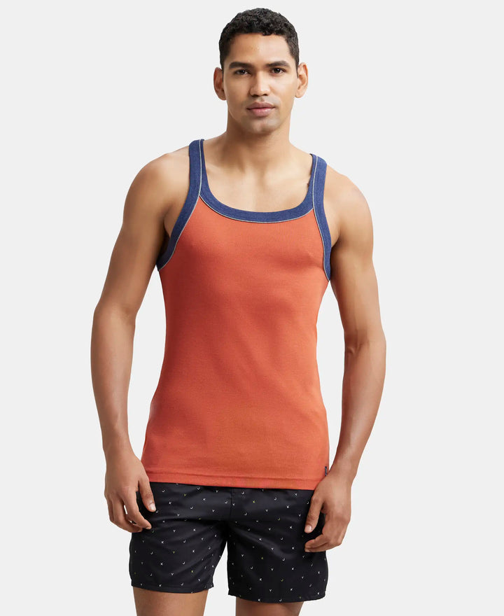 Super Combed Cotton Rib Square Neck Gym Vest with Graphic Print - Cinnabar-1