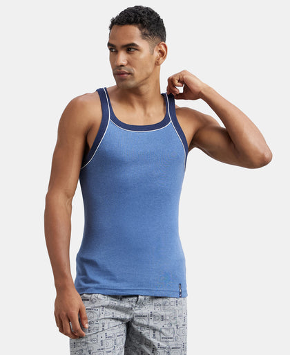 Super Combed Cotton Rib Square Neck Gym Vest with Graphic Print - Light Denim Melange-5