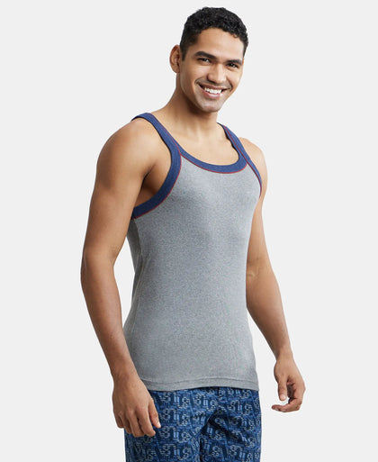 Super Combed Cotton Rib Square Neck Gym Vest with Graphic Print - Grey Melange & Ink Blue-2