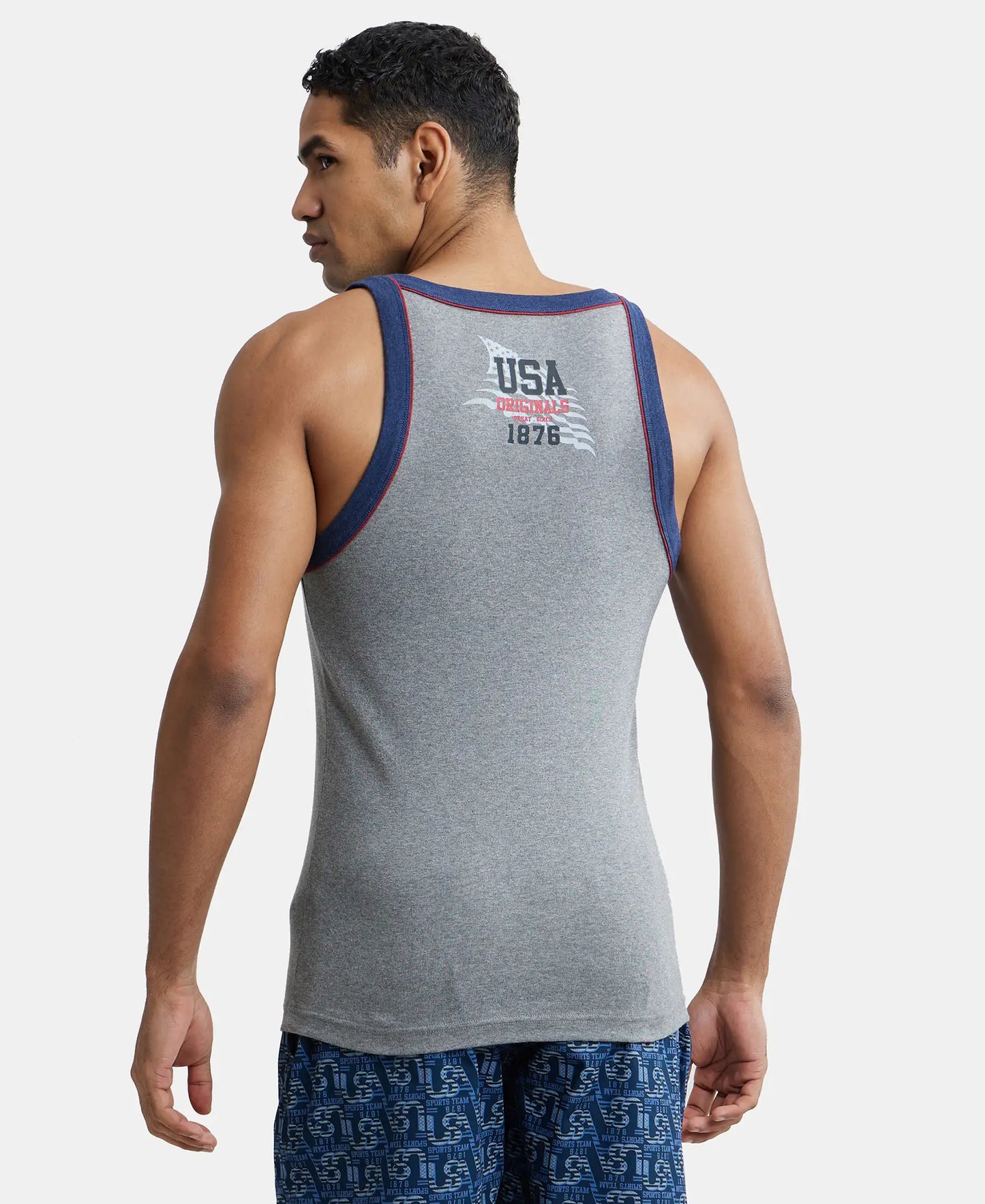 Super Combed Cotton Rib Square Neck Gym Vest with Graphic Print - Grey Melange & Ink Blue-3