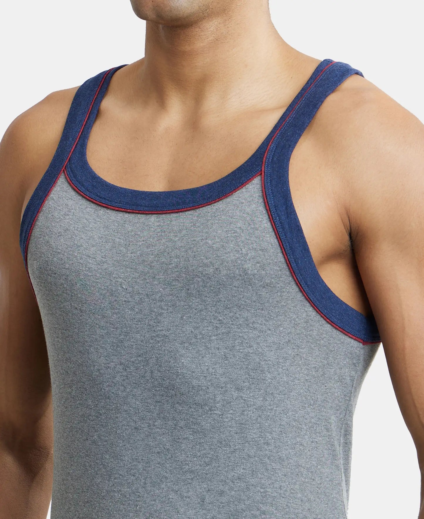 Super Combed Cotton Rib Square Neck Gym Vest with Graphic Print - Grey Melange & Ink Blue-6